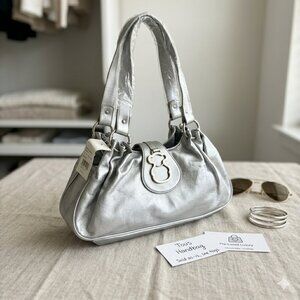 NWT Metallic Silver Shoulder Bag | Y2K Style Evening Purse | Ruched Hobo Handbag